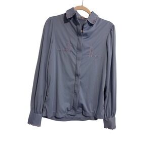 Collections Blouse Vintage Embroidered Periwinkle Blue Scalloped Cuff L